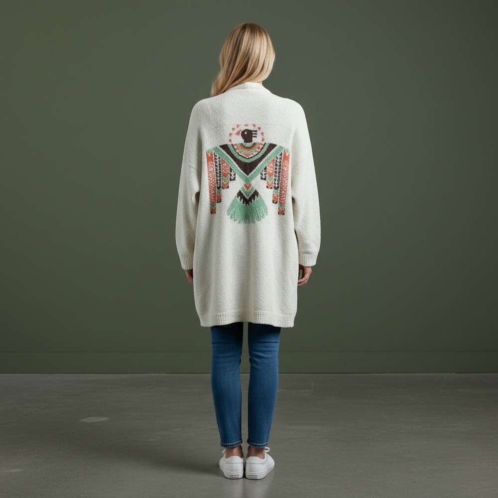 Blakeley Womens Cream Popcorn Knit Thunderbird Graphic Longline Cardigan‎ PS - Picture 2 of 9